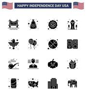 feliz dia da independência 4 de julho conjunto de 16 glifos sólidos pictograma americano de agulha americana distintivo de marco americano editável dia dos eua vetor elementos de design