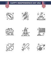 9 sinais de linha dos eua símbolos de celebração do dia da independência de transporte lançador de acampamento de foguetes americano editável dia dos eua elementos de design vetorial vetor