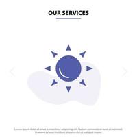 nossos serviços modelo de cartão web de ícone de glifo sólido de sol brilhante de praia vetor