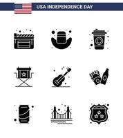 9 ícones criativos dos eua, sinais modernos de independência e símbolos de 4 de julho da música americana, bebida, guitarra, estrela editável, dia dos eua, vetor, elementos de design vetor