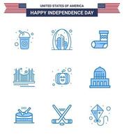 feliz dia da independência 4 de julho conjunto de 9 pictograma americano de blues de turismo dourado eua portão presente editável dia dos eua vetor elementos de design