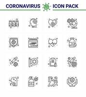 Conjunto de 16 linhas de ícones epidêmicos de vírus corona, como vírus de bactérias, microscópio cardíaco, bactérias virais, coronavírus, doença de 2019nov, elementos de design vetorial vetor