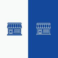 loja on-line linha de construção de loja de mercado e ícone sólido de glifo banner azul linha e ícone sólido de glifo banner azul vetor
