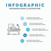 lâmpada de mesa de computador de negócios no local de trabalho ícone de linha de mesa de escritório com fundo de infográficos de apresentação de 5 etapas vetor