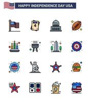 feliz dia da independência pacote de 16 linhas planas preenchidas sinais e símbolos para luz vela cidade bola americana rugby editável dia eua vetor elementos de design