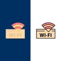 ícones de dispositivo de serviço wifi de hotel plano e conjunto de ícones cheios de linha vector fundo azul