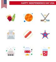 pacote plano de 9 símbolos do dia da independência dos eua de hotdog américa esporte correio saudação editável dia dos eua vetor elementos de design