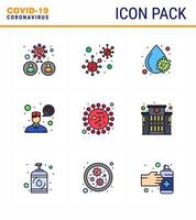 ícones de conscientização de coronavírus 9 ícone de cor plana de linha preenchida relacionado à gripe de vírus corona, como infecção de consulta de bactérias, pergunte a um médico febre viral coronavírus 2019nov doença vetor design elem