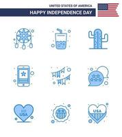 feliz dia da independência eua pacote de 9 blues criativos de cacto móvel americano telefone inteligente célula editável dia dos eua elementos de design vetorial vetor