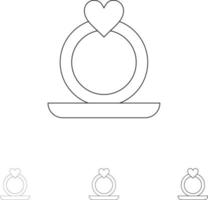 conjunto de ícones de linha preta em negrito e fino de proposta de coração de anel vetor