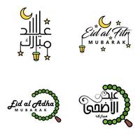 conjunto de 4 vetores eid mubarak feliz eid para você em estilo de caligrafia árabe script encaracolado com lua de lâmpada de estrelas