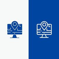 linha de educação de localização de mapa de computador e glifo ícone sólido bandeira azul vetor