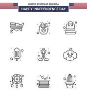 feliz dia da independência dos eua conjunto de pictogramas de 9 linhas simples de gelo americano saco creme sorvete editável dia dos eua vetor elementos de design