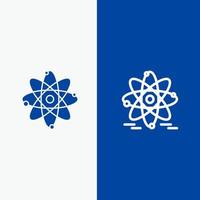 linha nuclear de educação de átomo e ícone sólido de glifo banner azul linha e ícone sólido de glifo banner azul vetor