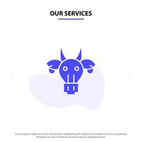 nossos serviços adorno animais touro crânio indiano ícone de glifo sólido modelo de cartão web vetor
