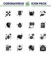 ícone de conscientização de coronavírus 16 ícone de ícones pretos de glifo sólido incluído lavagem de gripe lavagem lavagem limpeza viral coronavírus 2019nov elementos de design de vetor de doença