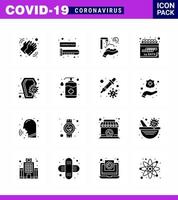 ícone de conscientização de coronavírus 16 ícone de ícones pretos de glifo sólido incluído evento de vírus de quarentena de caixão lavando elementos de design de vetor de doença de coronavírus viral 2019nov