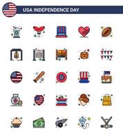 feliz dia da independência 4 de julho conjunto de 25 linhas planas preenchidas pictograma americano de boné de bola esportiva bandeira amor editável dia dos eua vetor elementos de design