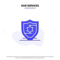 nossos serviços modelo de cartão web de ícone de glifo sólido escudo de proteção americano vetor