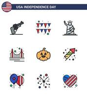 conjunto de 9 ícones do dia dos eua símbolos americanos sinais do dia da independência para abóbora marco liberdade ponte dourada editável dia dos eua vetor elementos de design