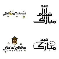 conjunto de 4 vetores eid mubarak feliz eid para você em estilo de caligrafia árabe script encaracolado com lua de lâmpada de estrelas