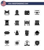 16 sinais de glifos sólidos para o calendário de rolagem americano do dia da independência dos eua bandeiras americanas editáveis elementos de design do vetor do dia dos eua