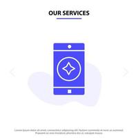 nosso modelo de cartão da web de ícone sólido de glifo sólido de aplicativo móvel móvel favorito de nossos serviços vetor