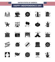 feliz dia da independência dos eua conjunto de pictogramas de 25 glifos sólidos simples da máquina distintivo de washington monumento dos eua editável dia dos eua vetor elementos de design