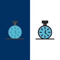 ícones de contagem de cronômetro de tempo plano e conjunto de ícones cheios de linha vector fundo azul