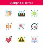 ícones de conscientização de coronavírus 9 ícone de cor plana relacionado à gripe do vírus corona, como germes, bactérias, órgão, doença, coronavírus viral humano, elementos de design do vetor da doença de 2019nov
