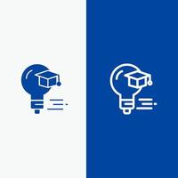 linha de graduação de educação de tampa de lâmpada e ícone sólido de glifo banner azul linha e ícone sólido de glifo banner azul vetor