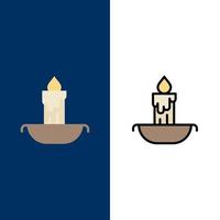 fogo de vela ícones de feriado de páscoa plano e conjunto de ícones cheios de linha vector fundo azul