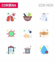 Pacote de ícones corona de vírus viral de 9 cores planas, como spray de mão, vida, saúde, vírus covid, coronavírus viral, elementos de design de vetor de doença de 2019nov