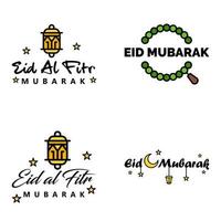 pacote de 4 vetores de texto de caligrafia árabe com lua e estrelas de eid mubarak para a celebração do festival da comunidade muçulmana