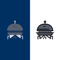 ícones de ufo de espaço de astronomia plana e linha cheia de ícones conjunto de fundo azul vector