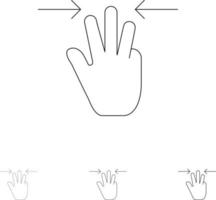 gestos mão móvel três dedos conjunto de ícones de linha preta em negrito e fino vetor