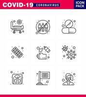 conjunto de ícones de prevenção de coronavírus ícone de 9 linhas, como saúde, fitness, transferência, drogas, pílula, coronavírus viral, elementos de design de vetor de doença de 2019nov