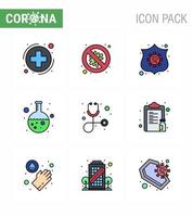 Pacote de ícones de coronavírus covid19 de 9 linhas preenchidas, como vírus de balão de perigo de laboratório de diagnóstico, vírus viral de doença de 2019nov, elementos de design de vetor