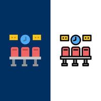 assentos trem transporte ícones de relógio planas e cheias de linha conjunto de ícones vector fundo azul