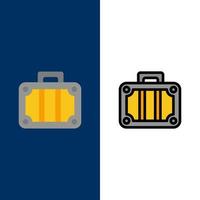 ícones de viagem de transporte de férias de praia planos e conjunto de ícones cheios de linha vector fundo azul