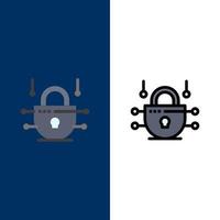 ícones de segurança de rede de rede de internet plano e conjunto de ícones cheios de linha vector fundo azul
