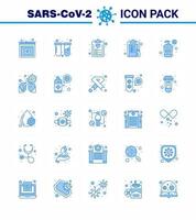 conjunto de ícones de prevenção de coronavírus 25 ícone azul, como frasco de vacina, dieta, remédio, medicamento viral, doença de coronavírus 2019nov, elementos de design vetorial vetor