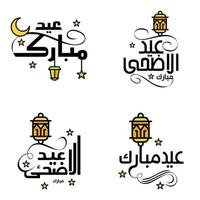 conjunto de 4 vetores eid mubarak feliz eid para você em estilo de caligrafia árabe script encaracolado com lua de lâmpada de estrelas