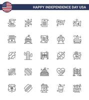 conjunto moderno de 25 linhas e símbolos no dia da independência dos eua, como chapéu declaração americana estados dos eua editáveis elementos de design vetorial do dia dos eua vetor