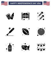 conjunto de 9 ícones do dia dos eua símbolos americanos sinais do dia da independência para celebração de esportes de bola bola de morcego editável dia dos eua vetor elementos de design
