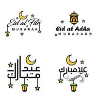 conjunto de 4 vetores eid mubarak feliz eid para você em estilo de caligrafia árabe script encaracolado com lua de lâmpada de estrelas