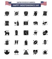 pacote de 25 sinais de glifos sólidos de celebração do dia da independência dos eua e símbolos de 4 de julho, como comida de amor, batatas fritas, batatas fritas, elementos editáveis de design vetorial do dia dos eua vetor