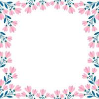 borda floral quadrada, galhos com flores cor de rosa e folhas em estilo plano. modelo de moldura vetorial vetor