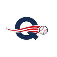 letra inicial q conceito de logotipo de beisebol com modelo de vetor de ícone de beisebol em movimento