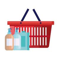 garrafas de produtos de limpeza com cesta de compras vetor